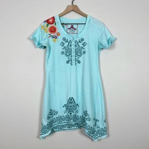 Johnny Was 100% Cotton Floral Embroidered Blue Asymmetrical Hem Tunic Dress S